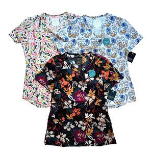NWT 3pk Women’s Extra Small Cherokee Multi Fun Print Scrub Tops